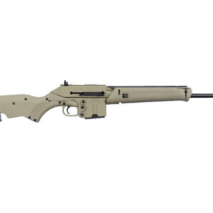 Tan bolt-action rifle on white background