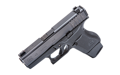 Black semi-automatic handgun on white background