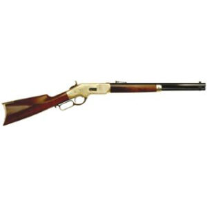 Lever-action rifle with wooden stock on white background