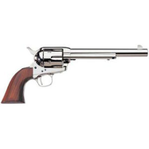 Silver revolver with wooden grip on white background