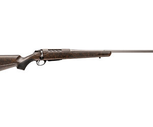 Bolt-action rifle with wooden stock on white background