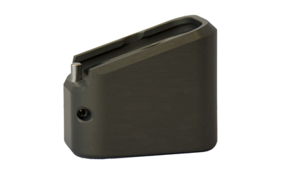 Black firearm magazine on white background