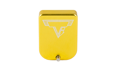 Yellow rectangular device with engraved V logo