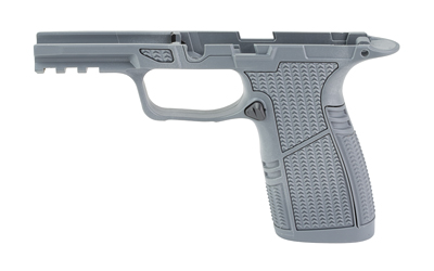 Gray handgun frame without slide or barrel