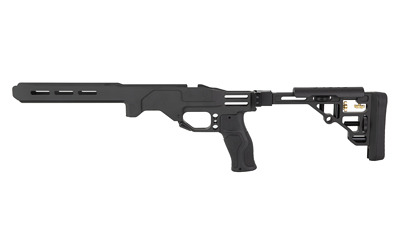 Black tactical rifle chassis with adjustable stock