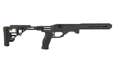 Black tactical rifle chassis with adjustable stock