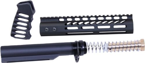 Disassembled AR-15 rifle components on white background