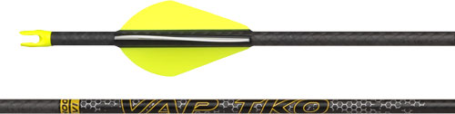 Carbon arrow with yellow fletching and black shaft