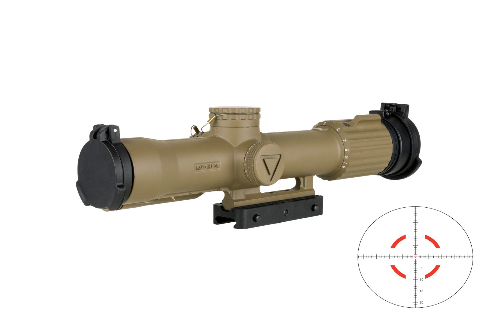 Tan rifle scope with mounting base and reticle