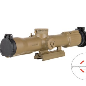 Tan rifle scope with mount and reticle graphic