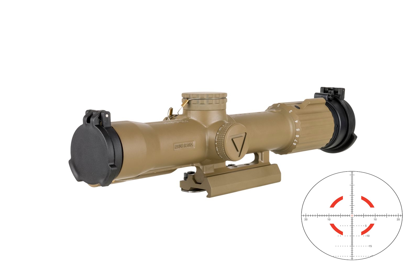 Tan rifle scope with mount and reticle graphic