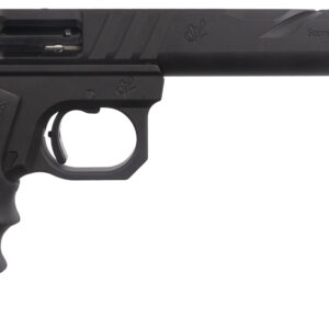 Black semi-automatic pistol on white background
