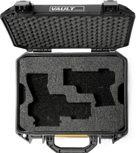 Open foam-lined gun case with handgun cutouts