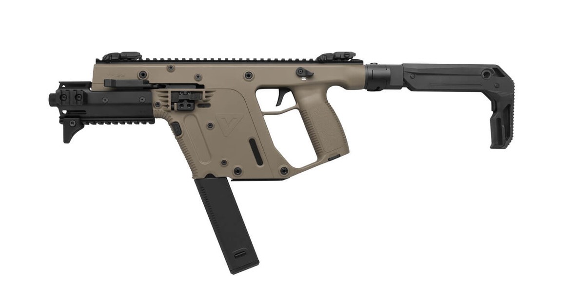 Tan and black submachine gun on white background