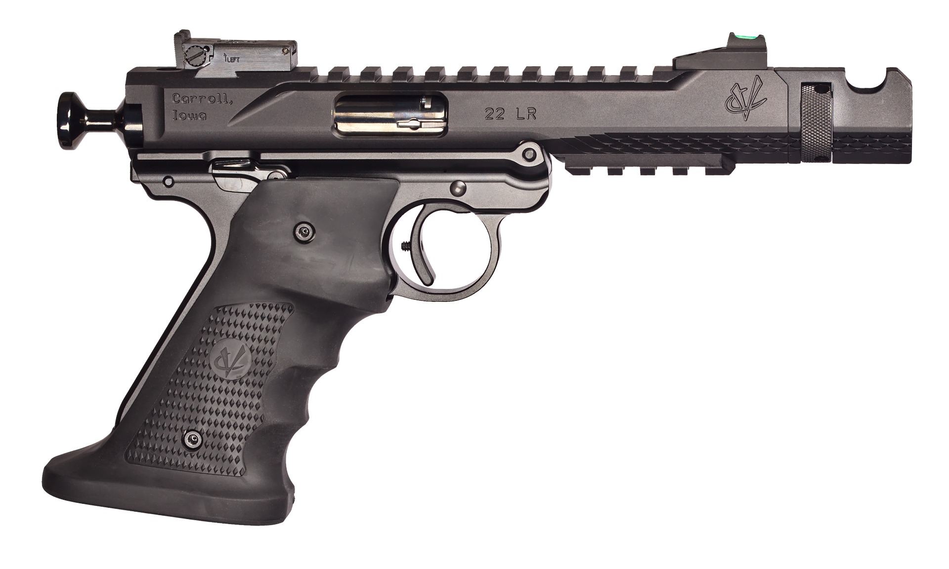 Black .22 LR target pistol on white background