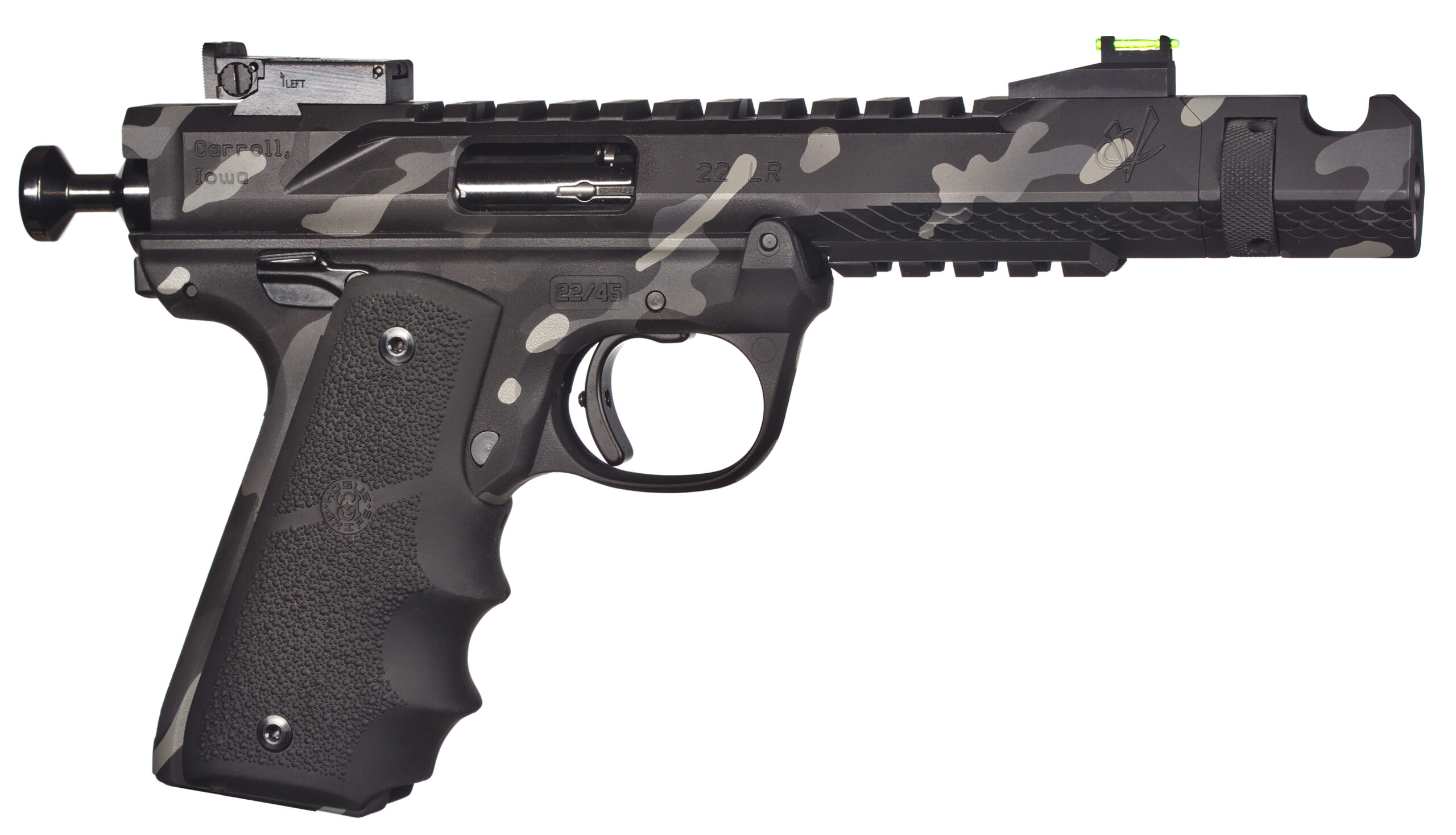 Camouflage .22 caliber semi-automatic pistol on white background