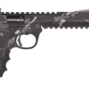 Camouflage .22 caliber target pistol on white background