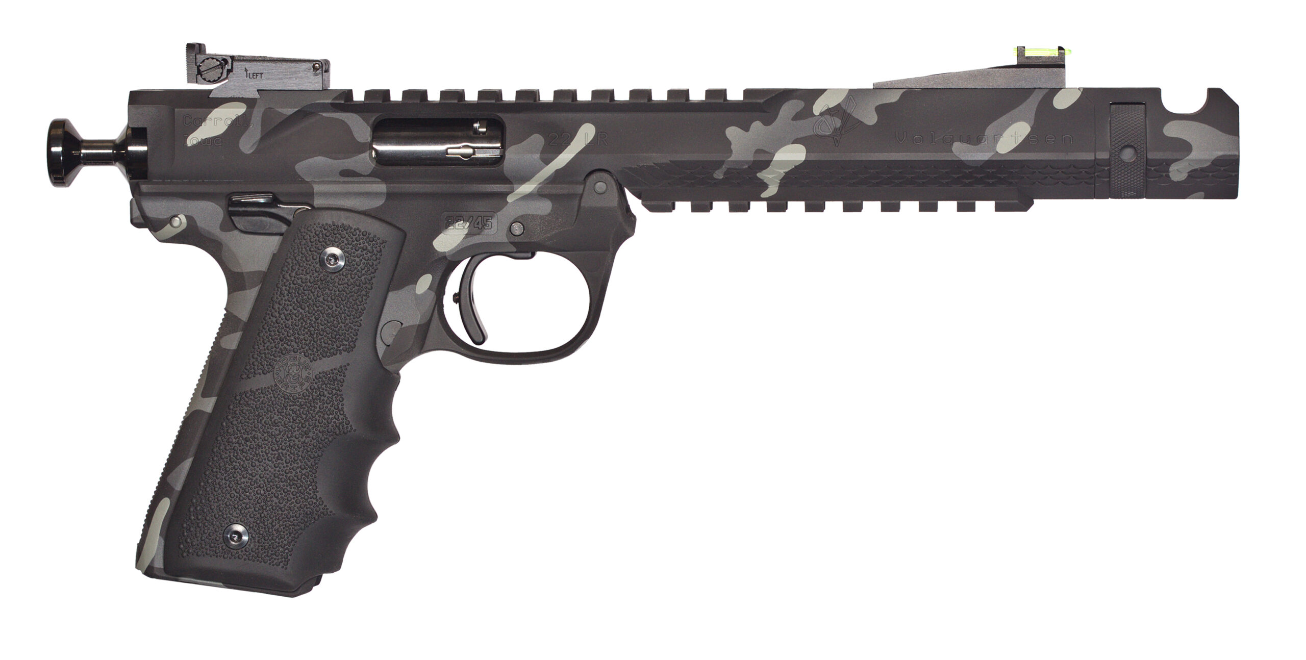Camouflage .22 caliber target pistol on white background