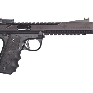 Black semi-automatic target pistol on white background