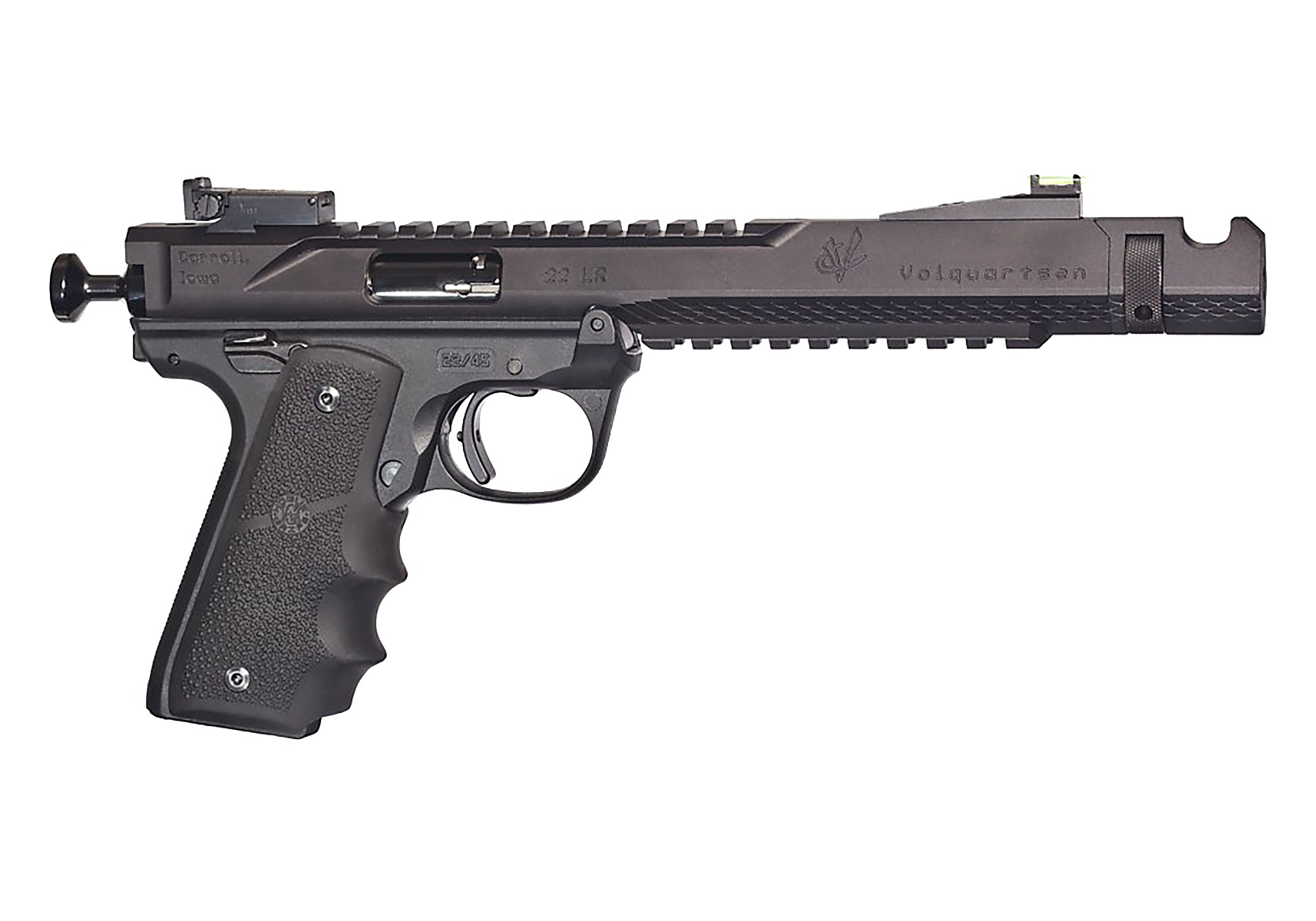 Black semi-automatic target pistol on white background