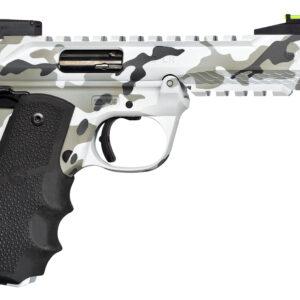 Camouflage-patterned .22 LR target pistol with optic sights