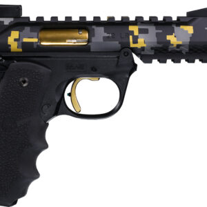 Camouflaged .22 caliber pistol with gold accents