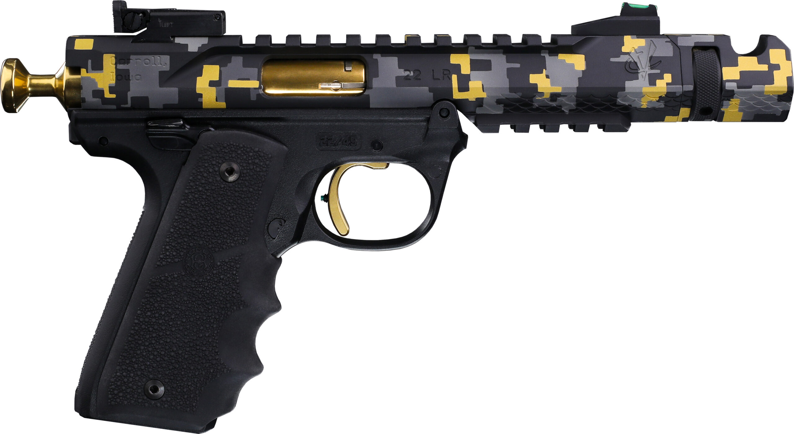 Camouflaged .22 caliber pistol with gold accents