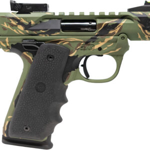 Camouflage-patterned .22 caliber handgun close-up