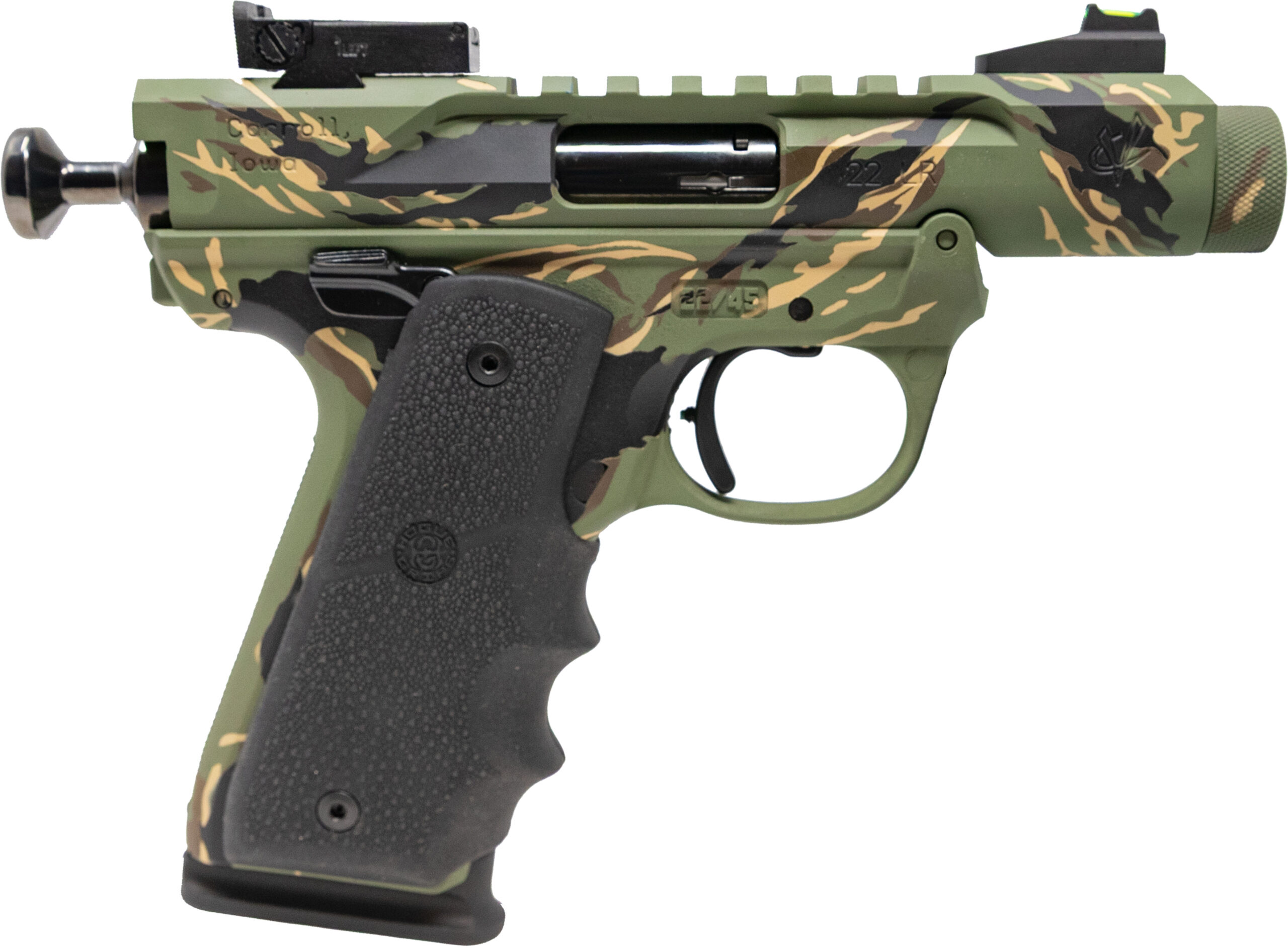 Camouflage-patterned .22 caliber handgun close-up