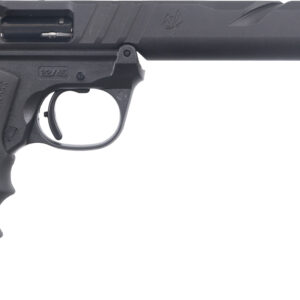 Black semi-automatic pistol with extended barrel
