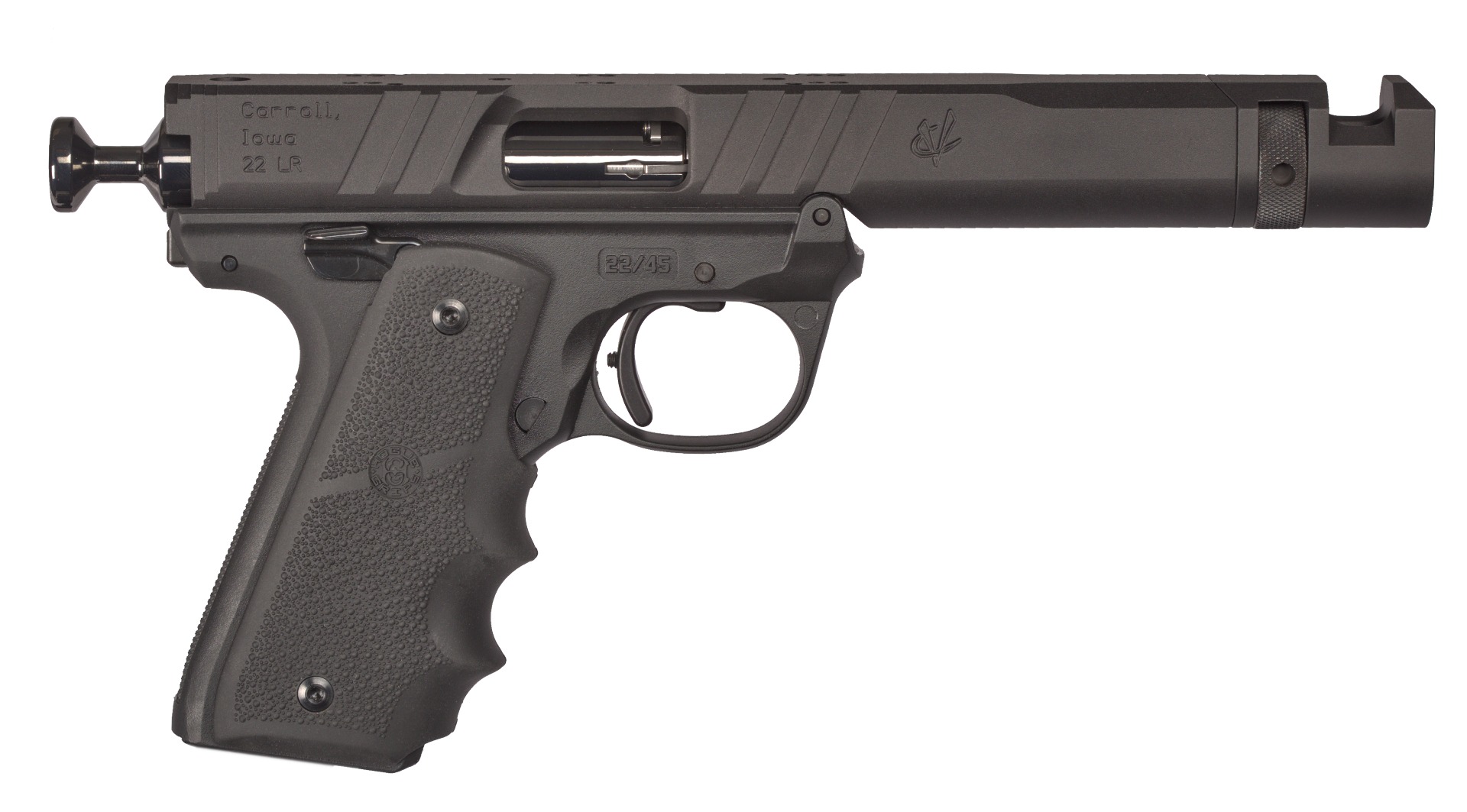Black semi-automatic pistol on white background