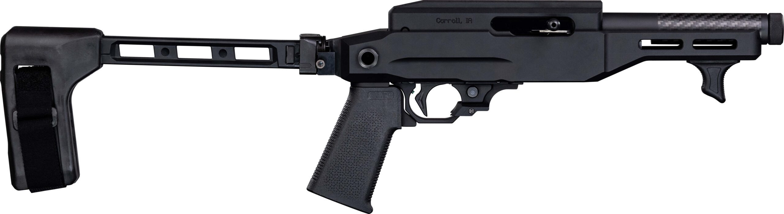 Black compact bolt-action pistol with brace