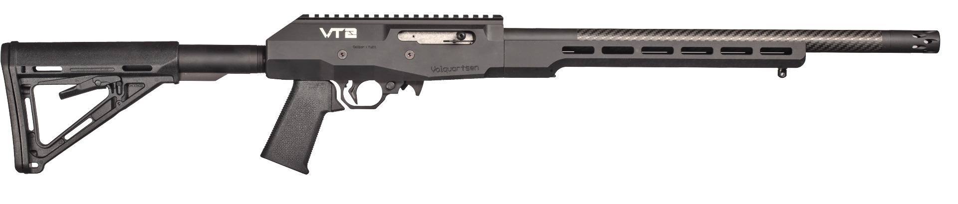 Modern black semi-automatic rifle on white background