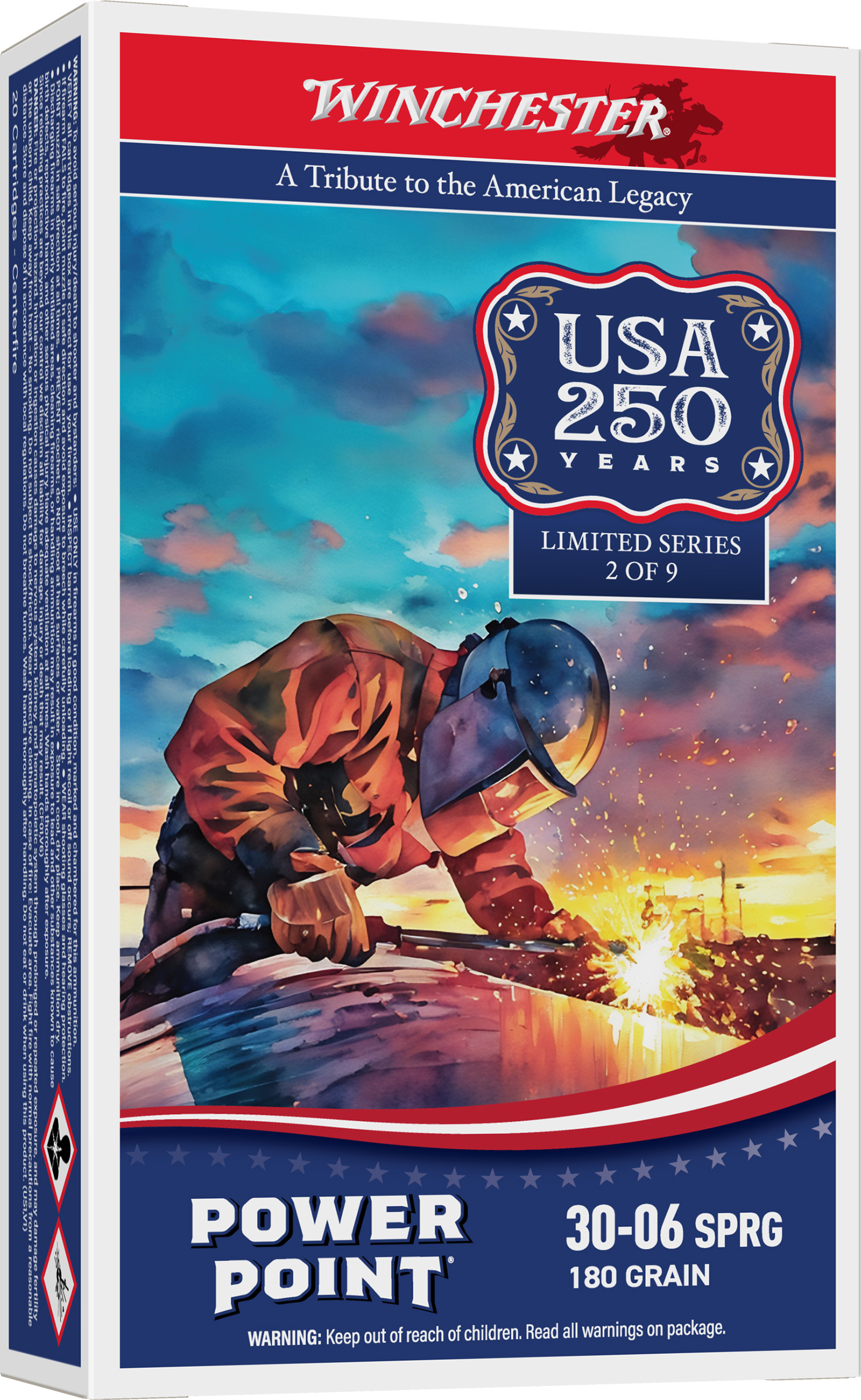 Winchester USA 250 Years ammunition box with welder artwork