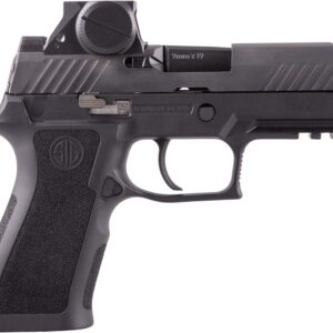 Black semi-automatic pistol with red dot sight