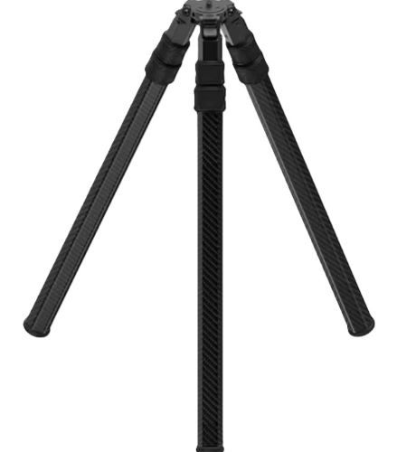 Black carbon fiber camera tripod on white background
