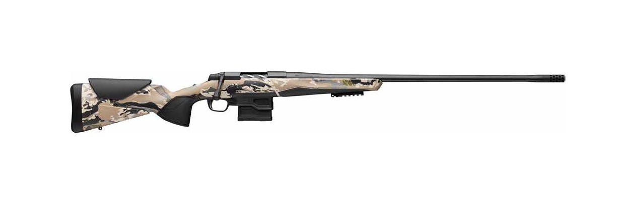 Camouflage bolt-action rifle on white background