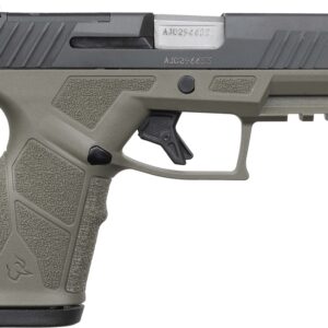 Two-tone semi-automatic handgun close-up on white background