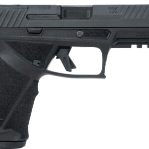 Black semi-automatic handgun on white background