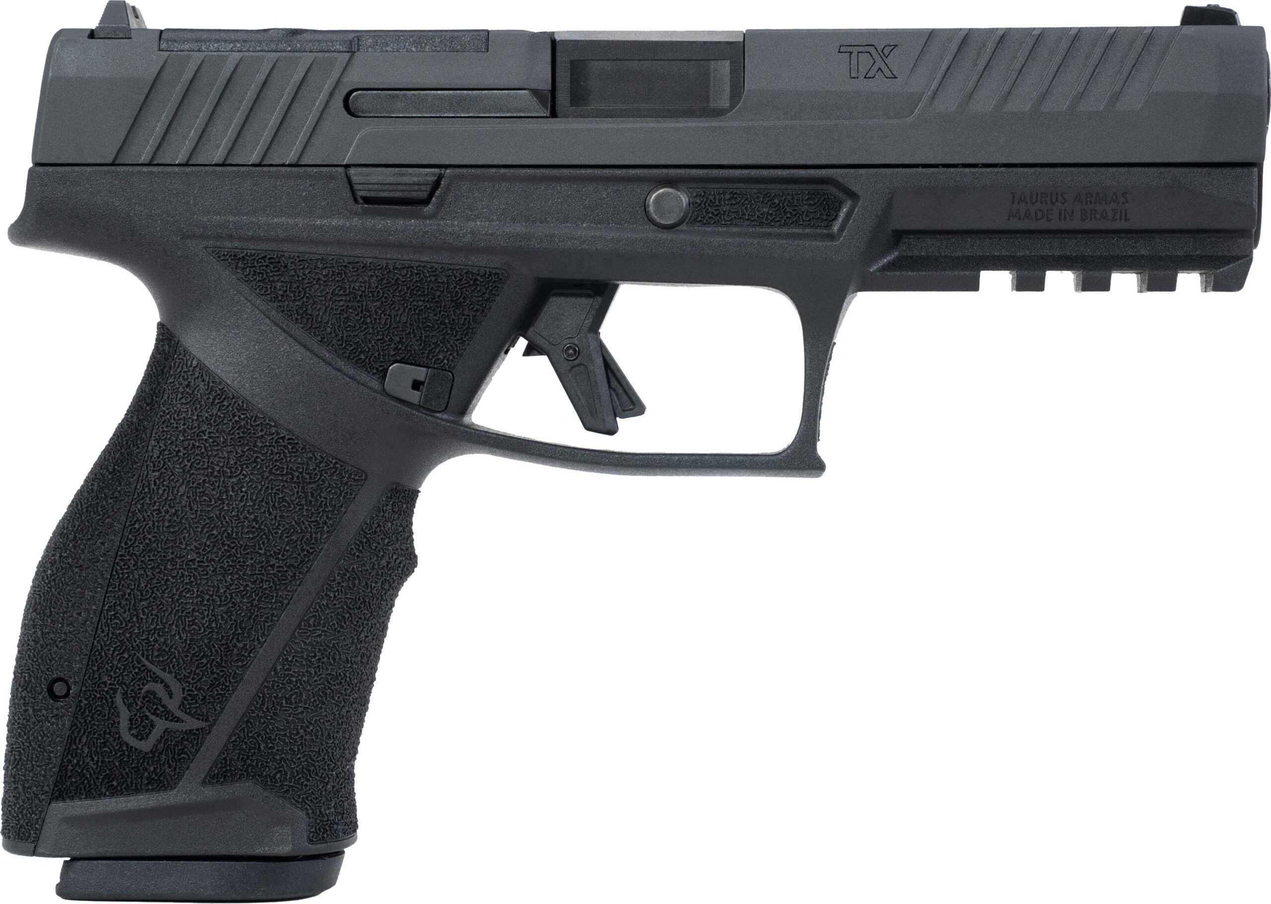 Black semi-automatic handgun on white background
