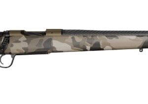 Camouflage bolt-action rifle with long barrel