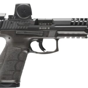 Black semi-automatic pistol with red dot sight
