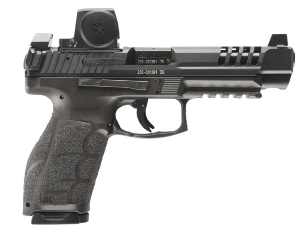 Black semi-automatic pistol with red dot sight