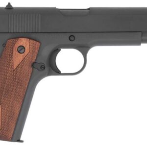 Black semi-automatic pistol with wooden grip