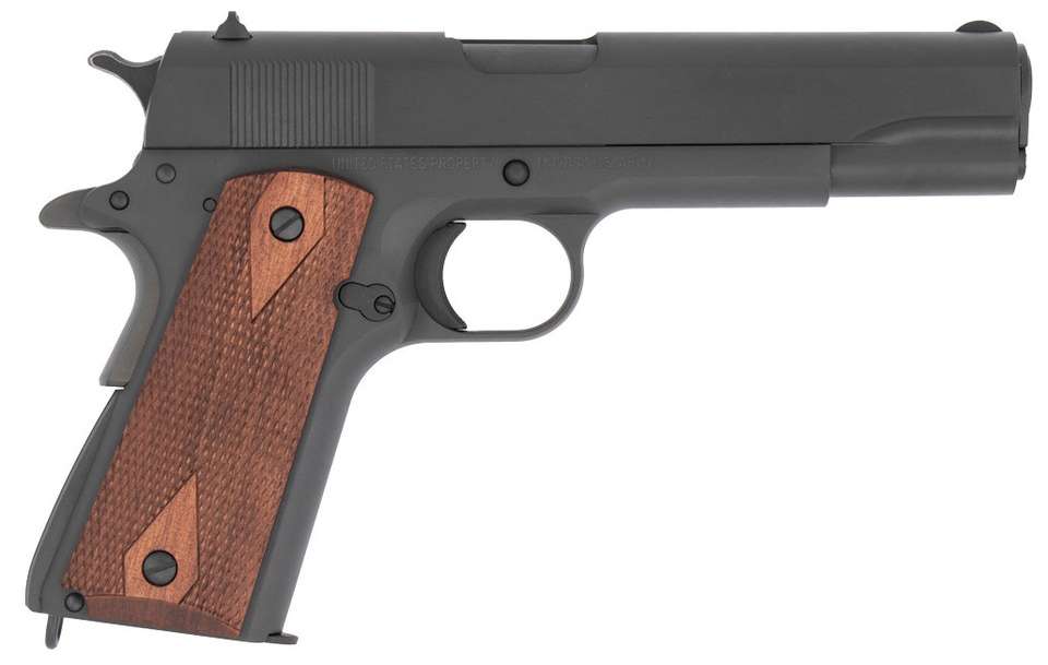 Black semi-automatic pistol with wooden grip