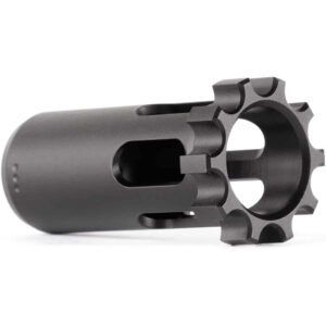 Black metal muzzle brake with vented ports