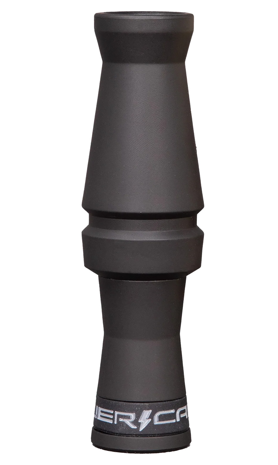 Black cylindrical duck call with logo