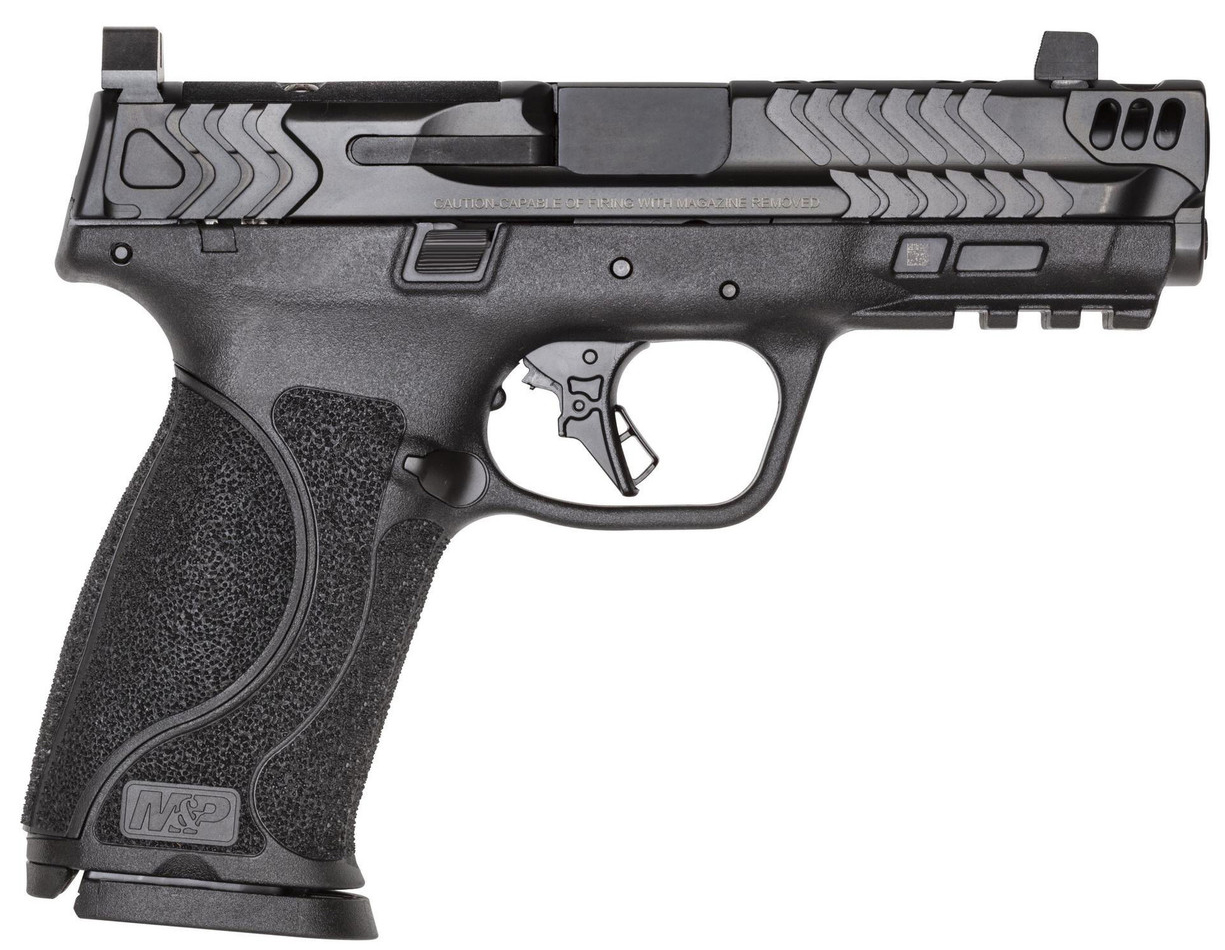 Black semi-automatic handgun on white background