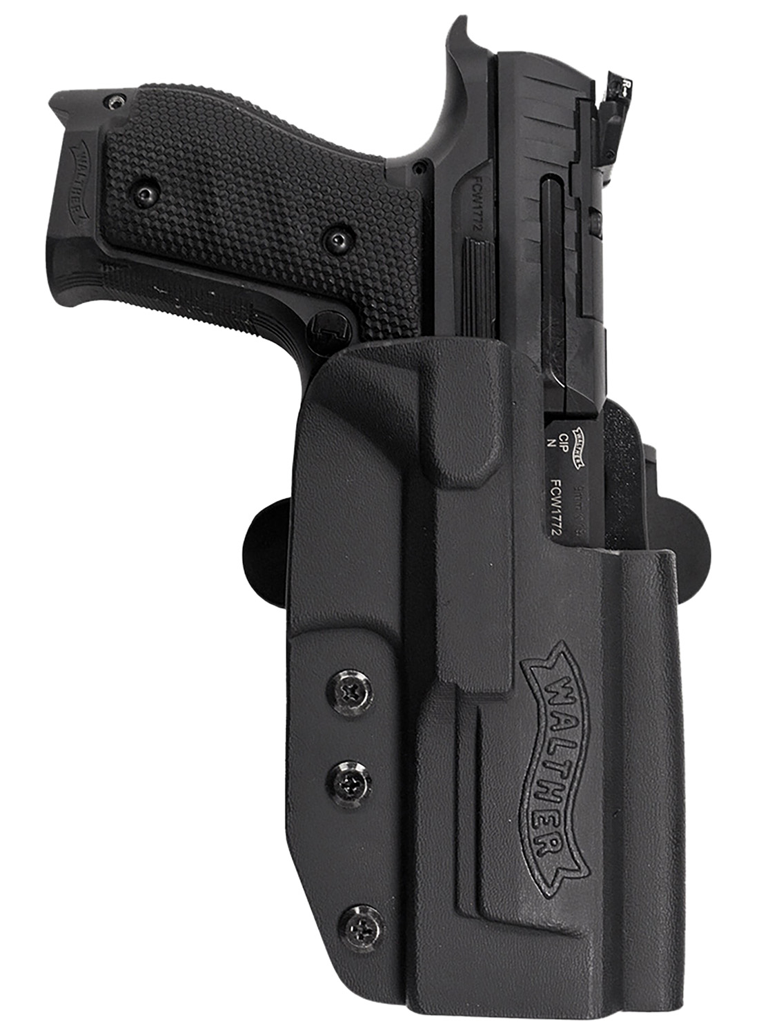 Walther handgun in black holster