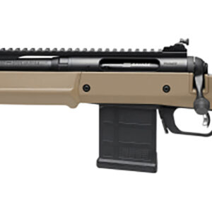 Tan bolt-action rifle on white background